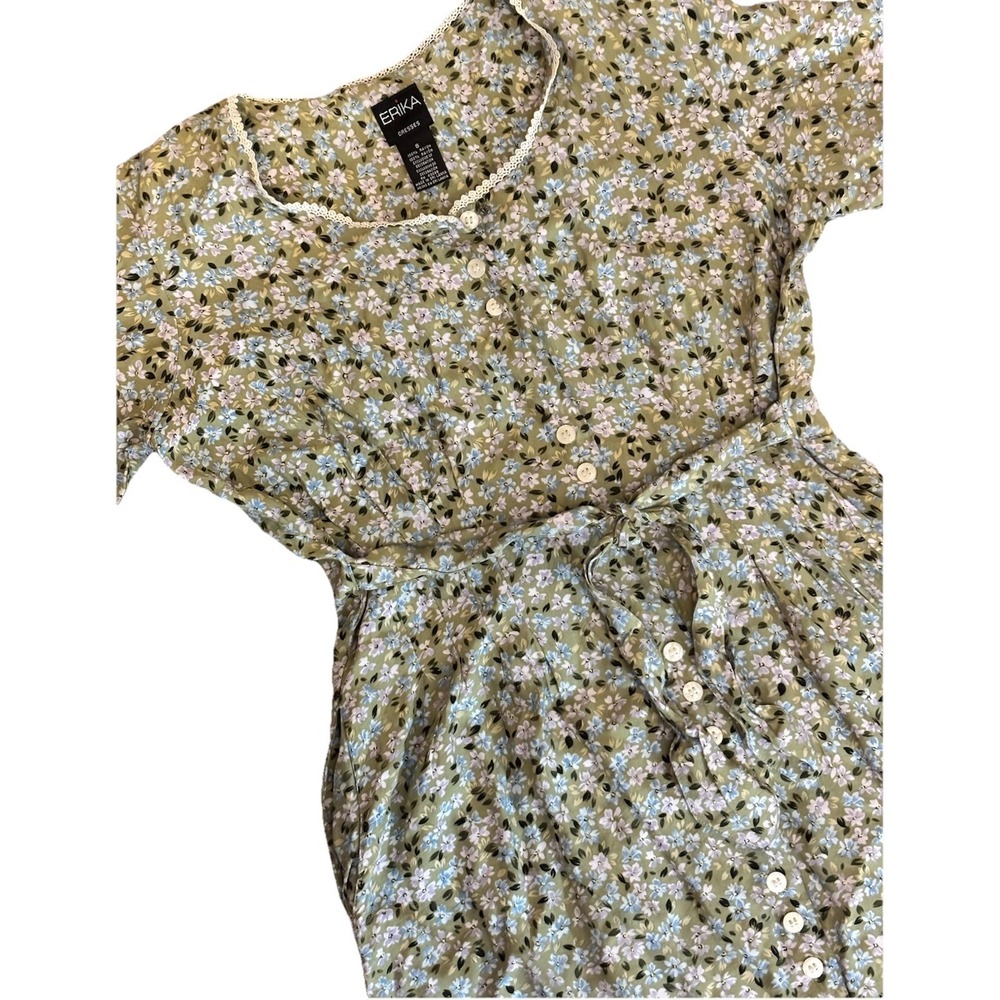 Floral Button-Front Green Floral Tie-Waist Dress